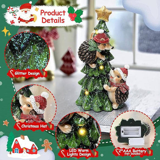 Christmas Hedgehog Statue with Lights for Christmas Decorations Indoor, Christmas Tree Hedgehog Figurine for Home Decor, Winter Xmas Holiday Decor for Table Shelf Mantle Fireplace,Xmas New Year Gifts