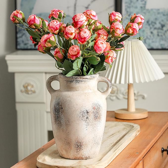 Farmhouse Ceramic Vase with Handle,9.7 inch Handcrafted Vintage Terracotta Pottery Vases for Shelf Decor, Coffee Table Styling, or Bedroom Accent