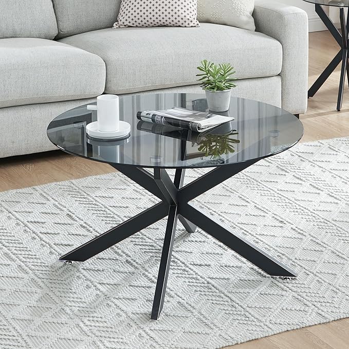 Round Glass Coffee Tables for Living Room, Home Office, Modern & Simple Center Table with Gray Tempered Glass Top, 35.5" Wx19.7 H Black