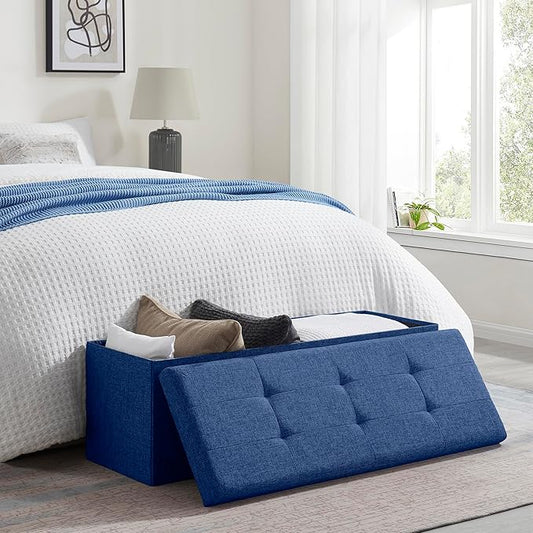 Ornavo Home 43 Inch Folding Storage Ottoman, Long Large Storage Ottoman Chest, Foot Rest Stool, Bedroom Bench - (Navy)