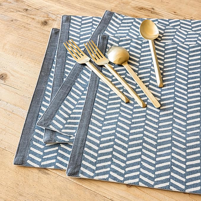 Over&Back Set of 4 Hand-Blocked Placemats - Colorful Dining Table Mat - Each Placemat is Unique - 100% Cotton - Machine Washable - Kitchen and Home Decor - Blue Herringbone