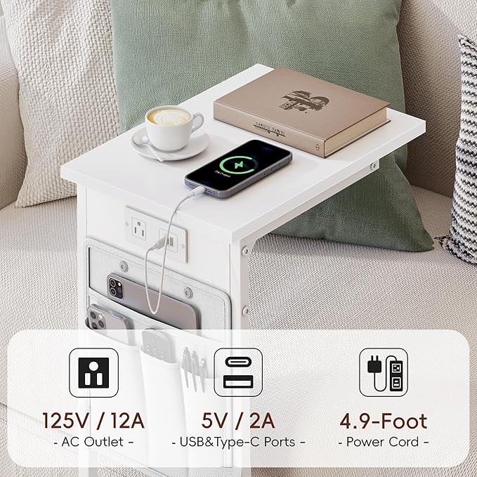 Vagusicc C Shaped End Table with Charging Station, Small Side Table for Couch, Couch Side Tables C Table, Slide Under Sofa Recliner Table TV Tray Arm Tables for Living Room, Bedroom, Bedside, White
