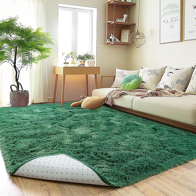 8x10 Large Area Rugs for Living Room, Ultra Fluffy Shag Rug for Bedroom, Modern Plush Soft Carpet for Girls Boys Kids Room Dorm Fuzzy Non Slip Rug for Home Decor Aesthetic, Dark Green