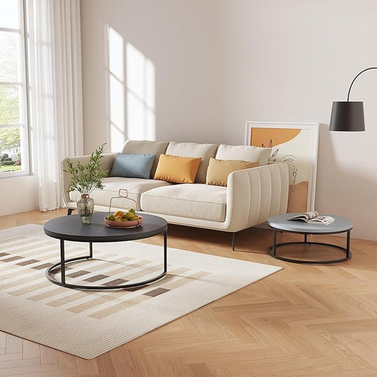 Round Nesting Coffee Table Set of 2, Modern Minimalist Accent Tables for Living Room, Bedroom, Office, Stackable Side Tables (Light & Dark Grey)