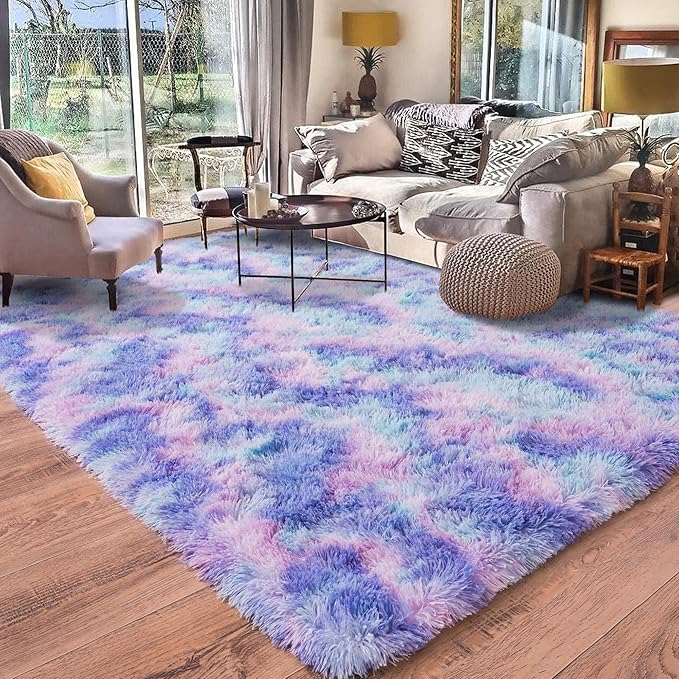 Rugs for Living Room 8x10, Soft Shaggy Modern Shag Area Rug for Bedroom, Upgrade Non-Slip Plush Fluffy Carpet for Kids Boys Girls Room Home Decor Aesthetic, Rainbow Purple