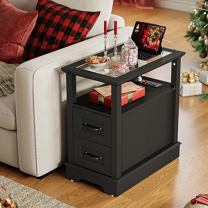 LINSY HOME Narrow End Table with Charging Station, Side Table with Glass Top, Open Shelf, and 2 Drawers, Small Sofa Table with Storage for Living Room, Black