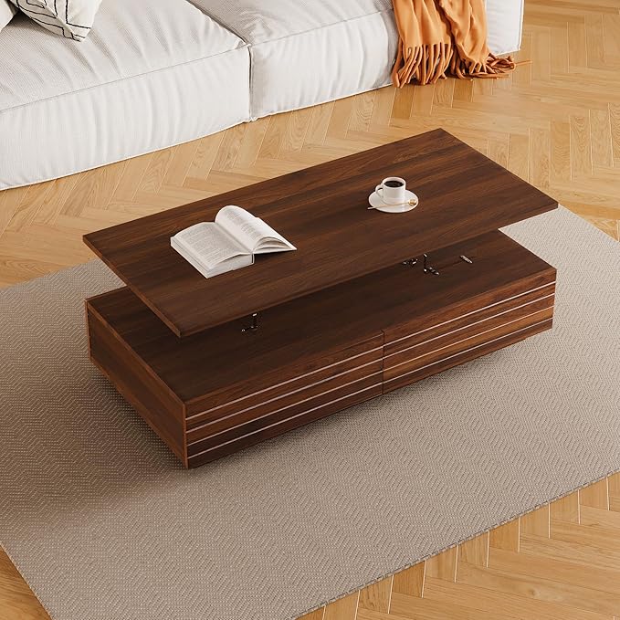 Modern Rectangular LED Coffee Table w/ 2 Storage Drawers, 2-Tier Living Room Center Table w/Adjustable Brightness Multi-Color LED Lights, Cocktail Tea Table w/Open Shelf, Walnut