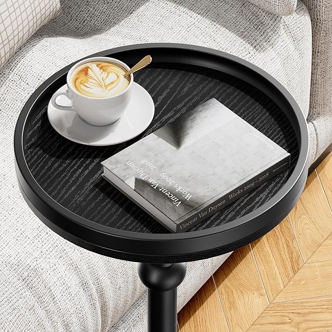 Small Round Side Table, Coffee Drink Table for Small Spaces, Modern Night Stand with Metal Leg, Weighted Iron Base Pedestal Round End Tables for Living Room, Bedroom, Narrow Corners,Sofa Couch