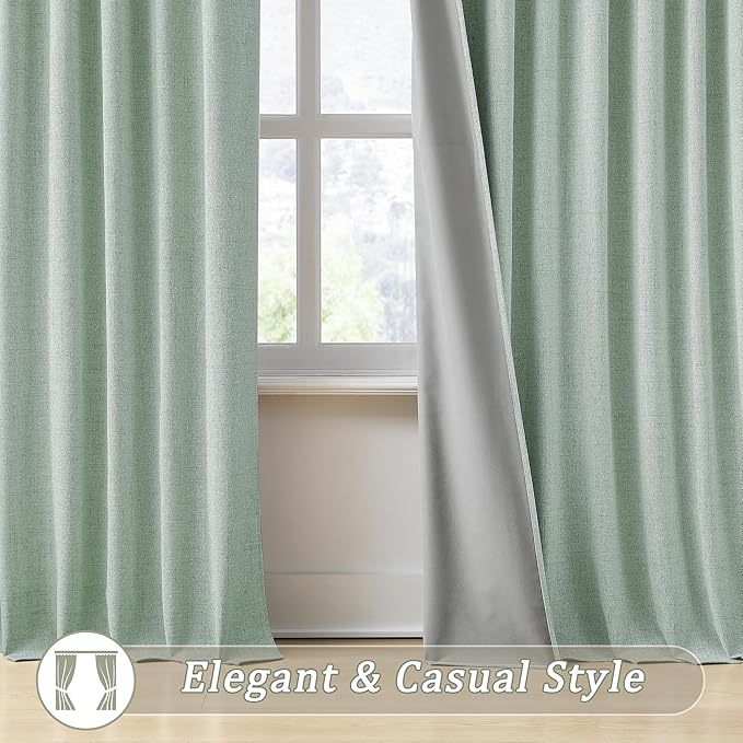 Light Green Linen Blackout Curtains 96 Inch Long for Living Room,2 Panels Pinch Pleated Drape with Hooks Back Tab Boho Decor, Textured Full Black Out Curtains for Bedroom 50 x 96