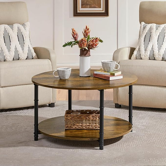 Yaheetech Round Coffee Table with Storage Shelf, 2 Tier Wood Coffee Table for Living Room Modern Accent Center Tables with Easy Assembly 31.5 x 18 Inches