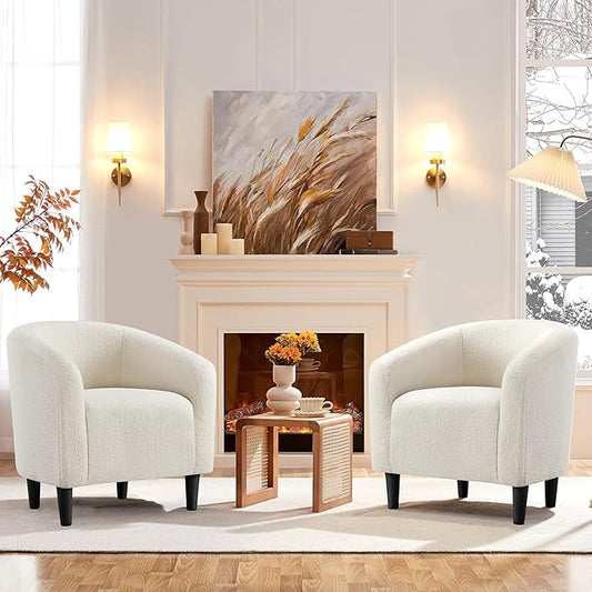 Yaheetech Accent Barrel Chair, Boucle Fabric Club Chair, Furry Sherpa Elegant Armchair with Cozy Soft Padded, Suitable for Living Room Bedroom Reception Room Office, Ivory