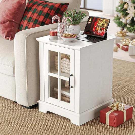 LINSY HOME End Table with Charging Station, Modern Side Table with Storage Cabinet and Adjustable Shelf, Small Sofa Table for Living Room, White