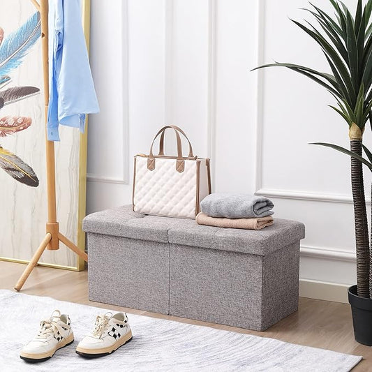 Cuyoca Foldable Seat Footrest Shoe Bench End of Bed Storage with Flipping Lid, 75L Storage Space, 30 inches Linen Fabric Grey