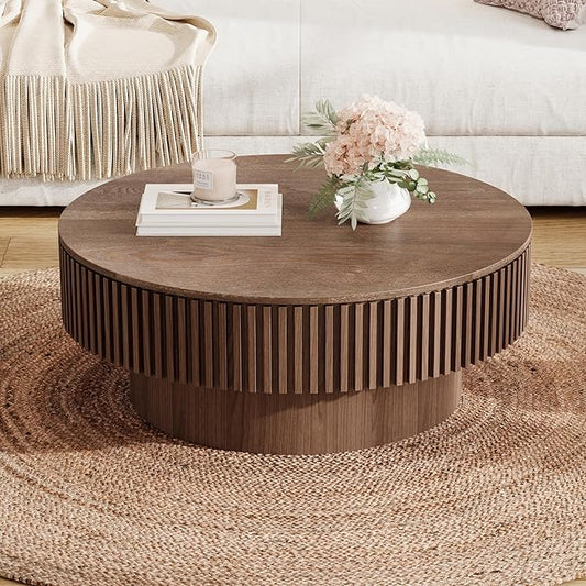 31.5 Inch Round Drum Coffee Table with Storage, Handcraft Fluted Drum Coffee Table, Modern Wooden Round Coffee Table Center Table with Sturdy Pedestal for Living Room Apartment (Walnut)