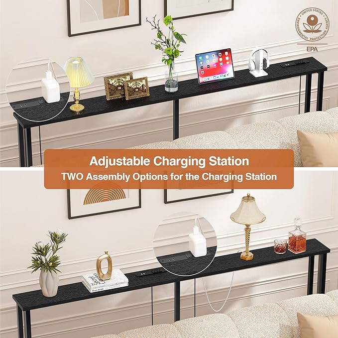 78" Narrow Console Sofa Table - 2 Power Outlets & 4 USB Ports, Metal Frame, Black, Perfect for Hallway, Office, and Behind Sofa - Easy Assembly, 4.9' Extension Cord Included