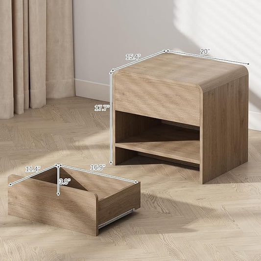 Nightstand with Drawer and Open Shelf, Wood Bedside Table Farmhouse End Table for Bedroom, Boho Night Stand Small Sofa Side Table for Living Room, Light Oak