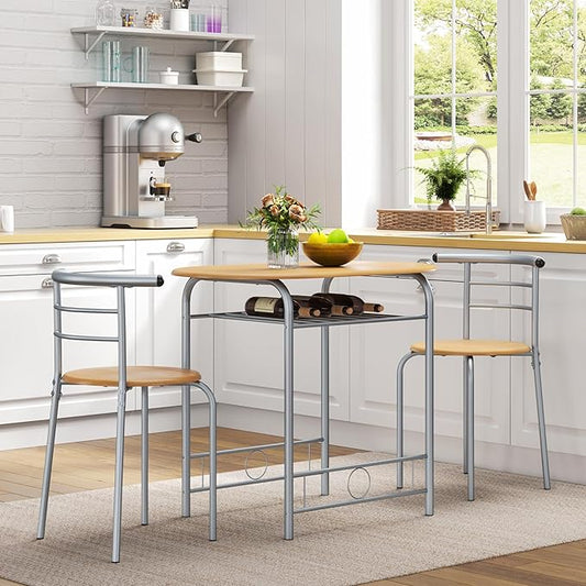 Yaheetech 3 Piece Dining Table Set, Kitchen Table & Chair Sets for 2, Compact Bistro Table Set with Steel Legs, Built-in Wine Rack for Small Space, Apartment, Breakfast Nook, Natural