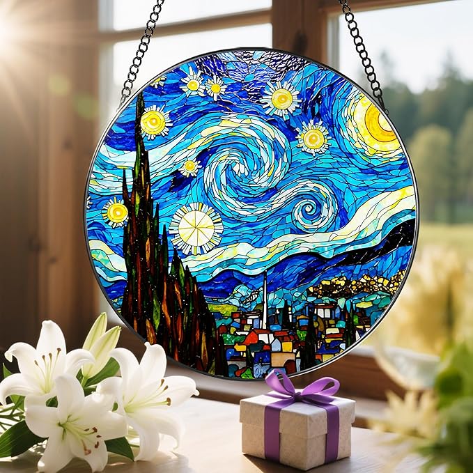 8'' Van Gogh Starry Night Sun Catcher Ornament, Stained Glass Window Hanging, Sun Catchers for Windows Hanging Ornaments, Window Decor, Ideal Gift | Gifts for Art Lovers, Friends, Family