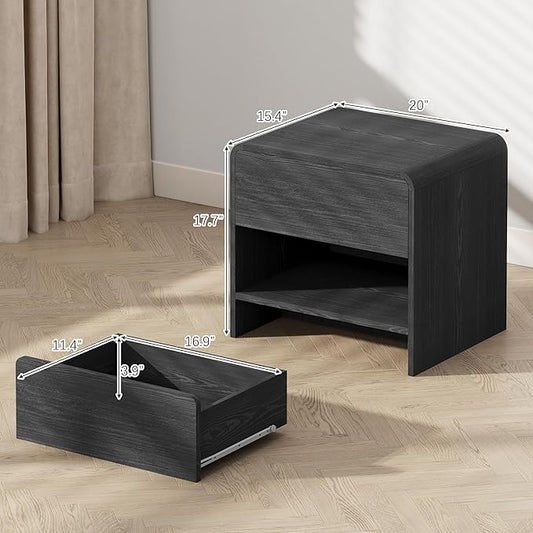 Nightstand with Drawer and Open Shelf, Wood Bedside Table Farmhouse End Table for Bedroom, Boho Night Stand Small Sofa Side Table for Living Room, Black