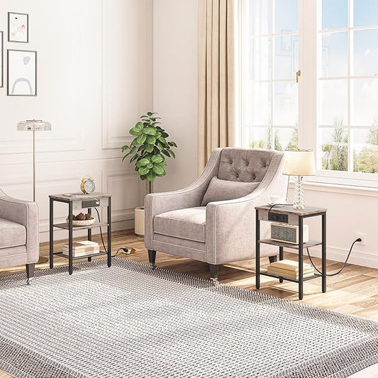 HOOBRO End Table with Charging Station and USB Port, Small Side Table for Small Space, 3-Tier Nightstand with Adjustable Shelf, for Living Room, Bedroom and Balcony, Greige BG112BZ01