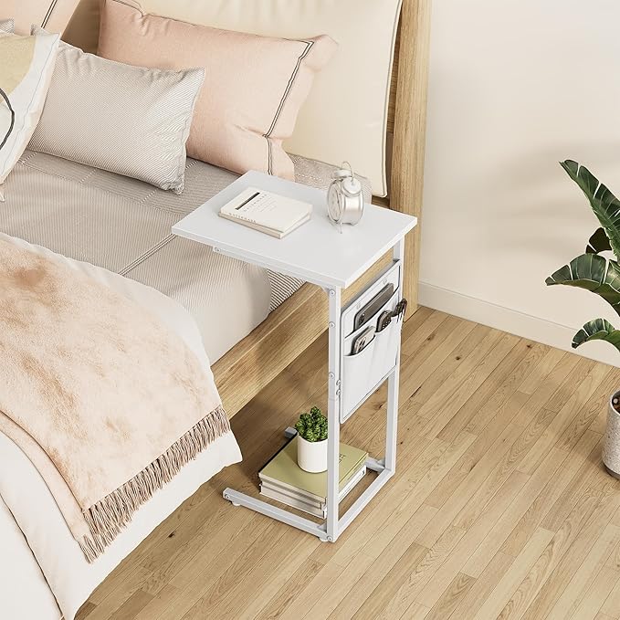Vagusicc C Shaped End Table, Small Side Table for Couch, Couch Side Table Arm C Table for Sofa, TV Tray Slide Under Sofa Drink Table with Metal Frame for Living Room, Bedroom, Bedside, White