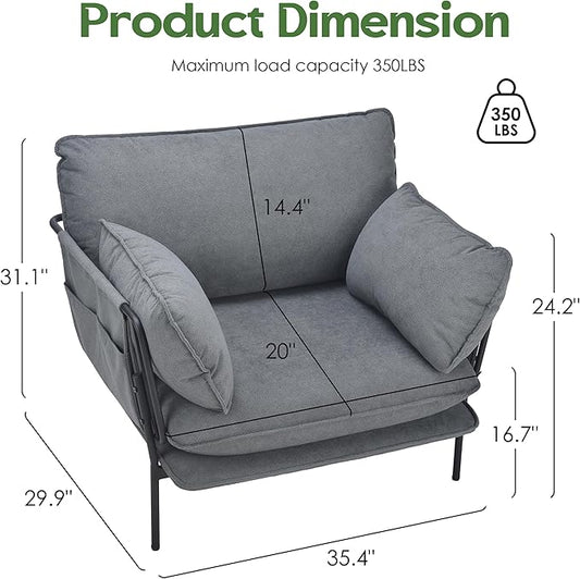 Modern Accent Chair for Living Room, Oversized Reading Chair with Solid Metal Legs, Upholstered Fabric Armchair with Side Pockets and 2 Pillows, Accent Chairs for Bedroom, Nursery, Blue Gray
