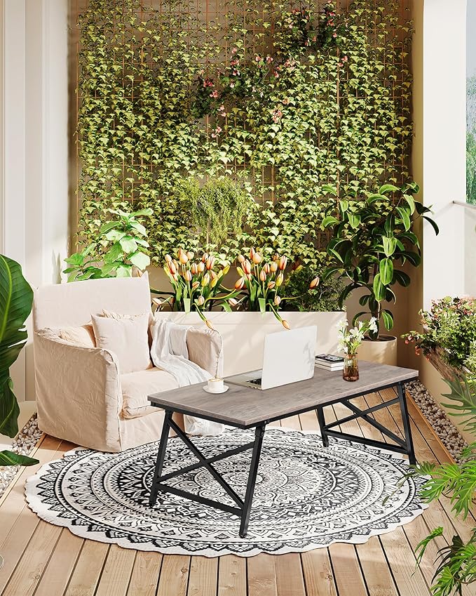 41.3" Folding Coffee Table with Safety Buckles, Low Coffee Table, Portable Floor Table, for Sitting on The Floor, for Living Room, Bedroom, Balcony, Caravan, Greige and Black TKF01BG