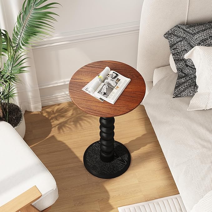 Solid Wood Round Side Table, Small Drink Table,Cocktail Table, Wooden Pedestal End Table, Plant Stand for Living Room, Bedroom,Office and Corners(Walnut/Black)