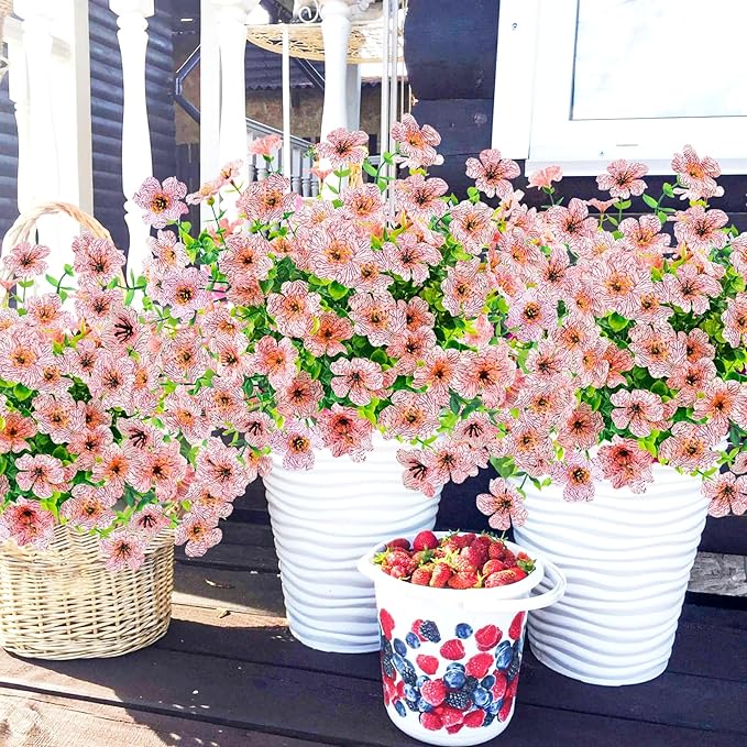 Agusbagli 10 Bundles Artificial Flowers Outdoor UV Resistant Fake Flowers No Fade Faux Plastic Greenery Shrub Plants for Wedding Home Garden Window Box Fireplace Thanksgiving Christmas Decor, Pink