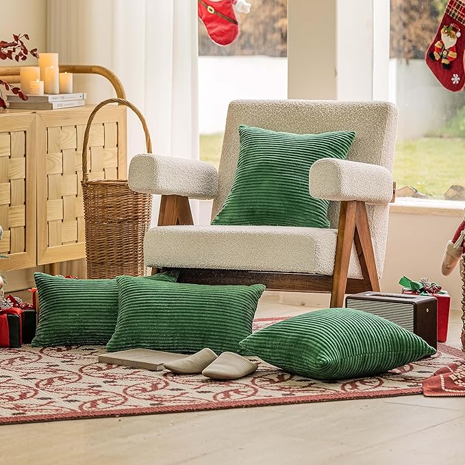 Home Brilliant Throw Spring Pillow Covers 26x26 Euro Sham Covers Super Soft Striped Corduroy Decorative for Couch Bench Sofa Bedroom Patio Furniture, Set of 2, 26 x 26 inch, Moss Green