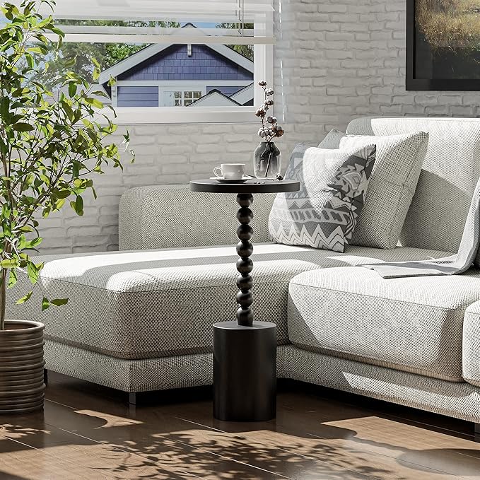 LONYKE Wood Drink Table, Round Martini Table, Modern Pedestal End Table with Base for Small Space Living Room, Bedroom, Black