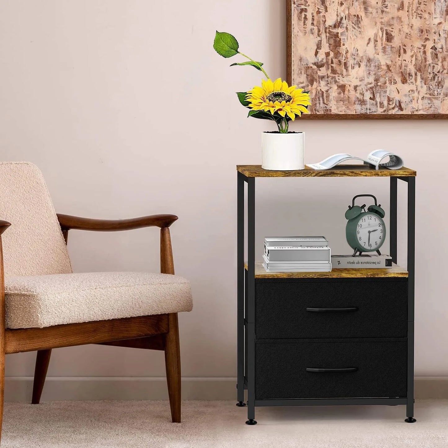 Fabric Bedside Table with 2 Drawers – Small Space Nightstand