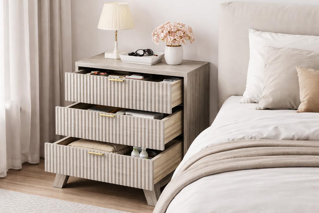 Fluted 24-inch grey nightstand with three drawers open, showing organized storage beside a bed in a small modern bedroom.