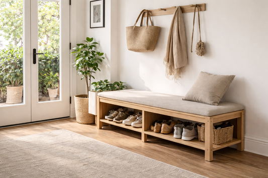Bright small apartment entryway featuring a light wood storage bench with cushioned seat, neatly organized shoes on open shelves, wall hooks, and natural sunlight coming through the door
