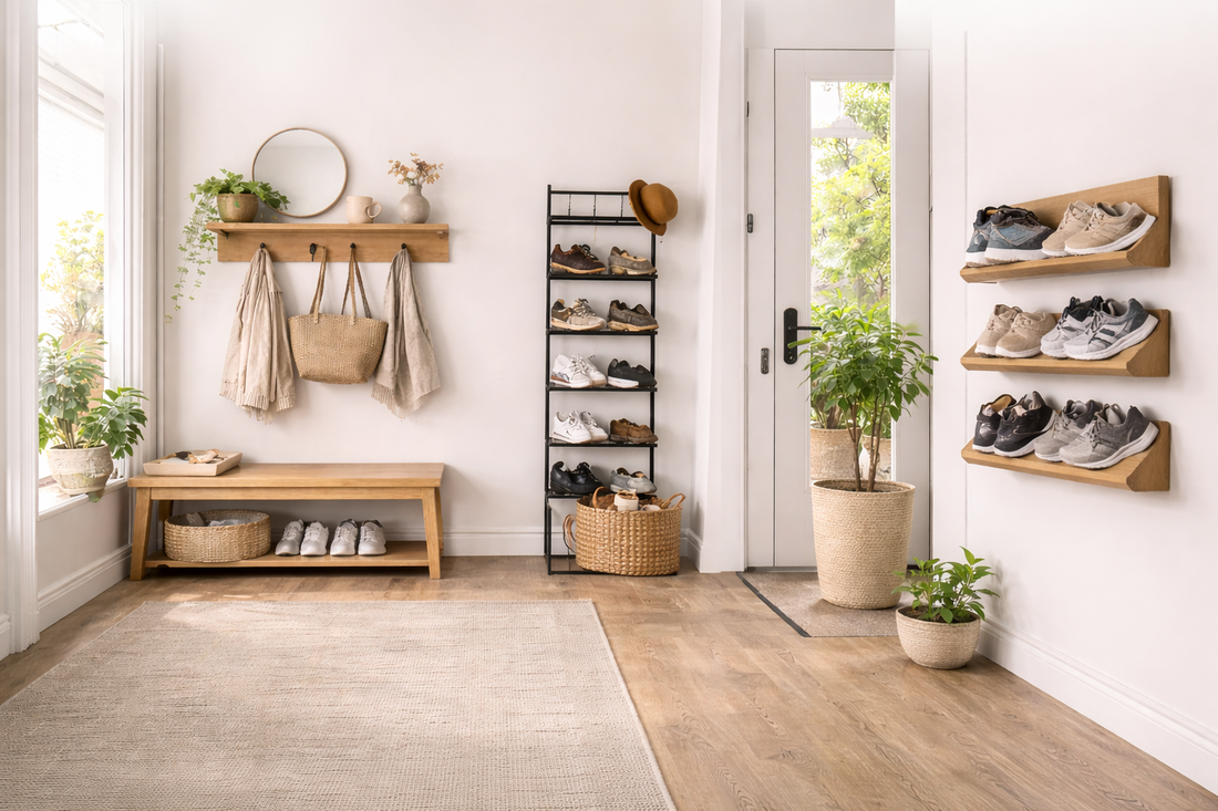 small apartment entryway with space-saving shoe storage solutions including bench, slim shoe rack, and wall-mounted shelves