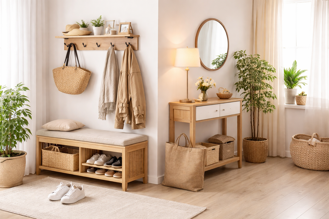 Functional small apartment entryway design with space-saving storage bench, wall hooks, organized shoe storage, and compact entryway furniture.