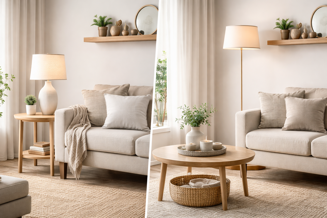 Small living room featuring a beige sofa with a table lamp on a narrow side table on the left and a slim floor lamp on the right, styled in a neutral minimalist apartment layout.