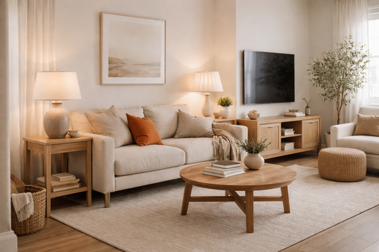 Small living room layout featuring a sofa with side table lamp, narrow console table lamp, round coffee table, and warm layered lighting in a compact space.