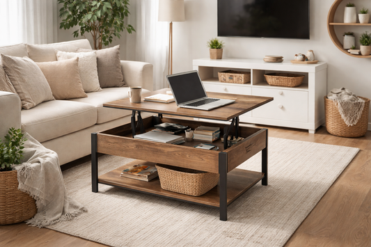 Modern small living room featuring a wood lift-top coffee table with hidden storage compartment, styled with a neutral sofa, beige rug, and minimalist decor in a bright apartment setting.