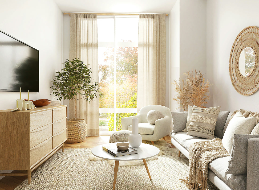 bright small living room layout with wall mounted TV, slim console and cozy two seat sofa