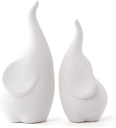 Ceramic Elephant Figurines with Trunk Up, Pair Couples Loving Elephant Statue, Small Figurines Sculpture African Home Decor, Valentine Elephants Gifts for Women, Wedding Knick Knacks（White）