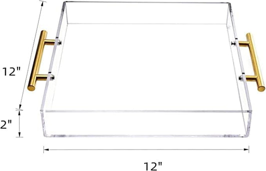 12"x12" Clear Acrylic Serving Tray with Golden Handles, Sturdy Huge Capacity Acrylic Trays for Coffee, Juice, Kitchen and Desk Organizer, Storage Tray (12"x12")