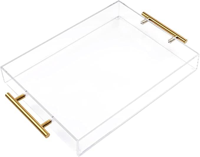 11"x14" Clear Acrylic Serving Tray with Golden Handles, Sturdy Huge Capacity Acrylic Tray for Coffee, Juice, Kitchen and Desk Organizer (11"x14")