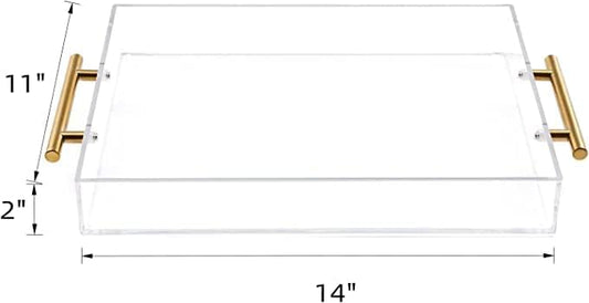 11"x14" Clear Acrylic Serving Tray with Golden Handles, Sturdy Huge Capacity Acrylic Tray for Coffee, Juice, Kitchen and Desk Organizer (11"x14")