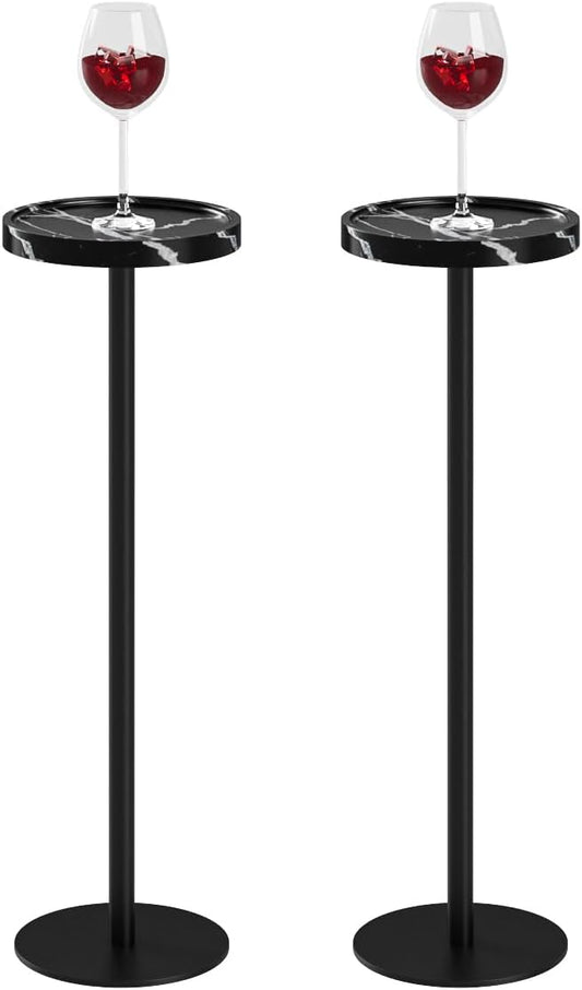 Drink Table, Small Pedestal Side Table, Round Cocktail Table, Circle Accent End Table with Metal Base, for Small Spaces (2, Black Marble)