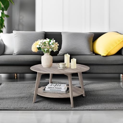 VASAGLE MAEZO Collection - Round Coffee Table, 2-Tier Center Table with Storage, Tapered Legs, Curved Transitions, 31.5 Dia. x 17.7 H Inches, Easy Assembly, for Living Room, Heather Greige ULCT243K02