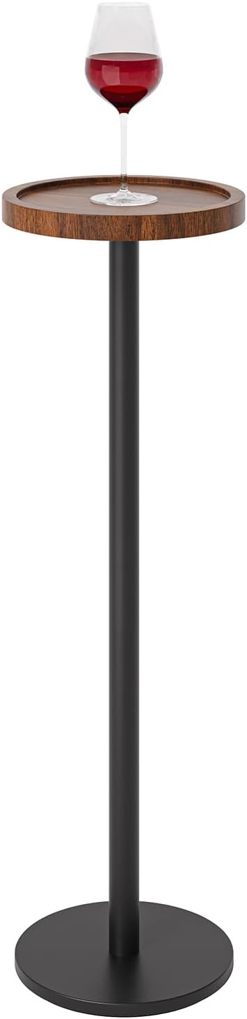 Drink Table, Small Pedestal Side Table, Round Cocktail Table, Circle End Table with Metal Base, for Small Spaces, Walnut Brown & Black