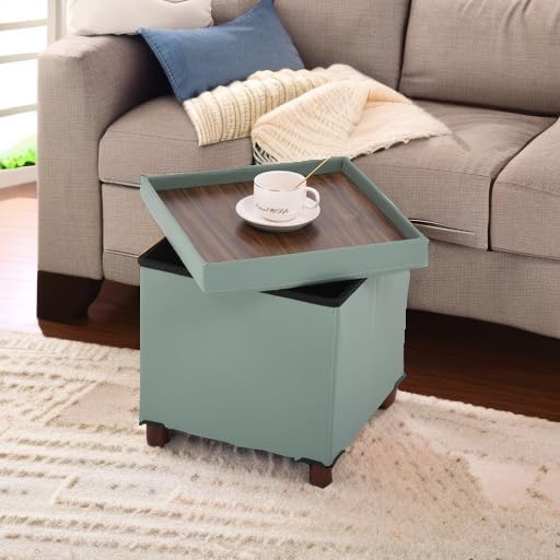 Storage Ottoman, Ottoman with Storage for Living Room Square Ottoman with Tray Lid Bedroom Storage Footstool Cube Small Ottomans Foot Rest Stool with Legs Foldable Faxu Leather 15" Inches