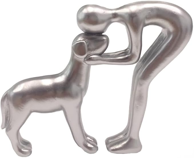 Dog Statues Home Decor Funny Man and Dog Sculpture Decorations for Home Bedroom Living Room Tabletop Bookshelf, Hand-Painted Resin Dogs Memorial Gifts Figurines for Pet Lovers, Silver