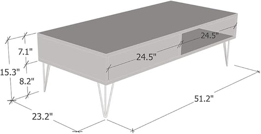 Meble Furniture Repo 51" Coffee Table with Lower Shelf & Drawer - Modern Rectangular Dining Table for Living Room - Durable & Lightweight Wooden Coffee Table with High Gloss Front Finish - White